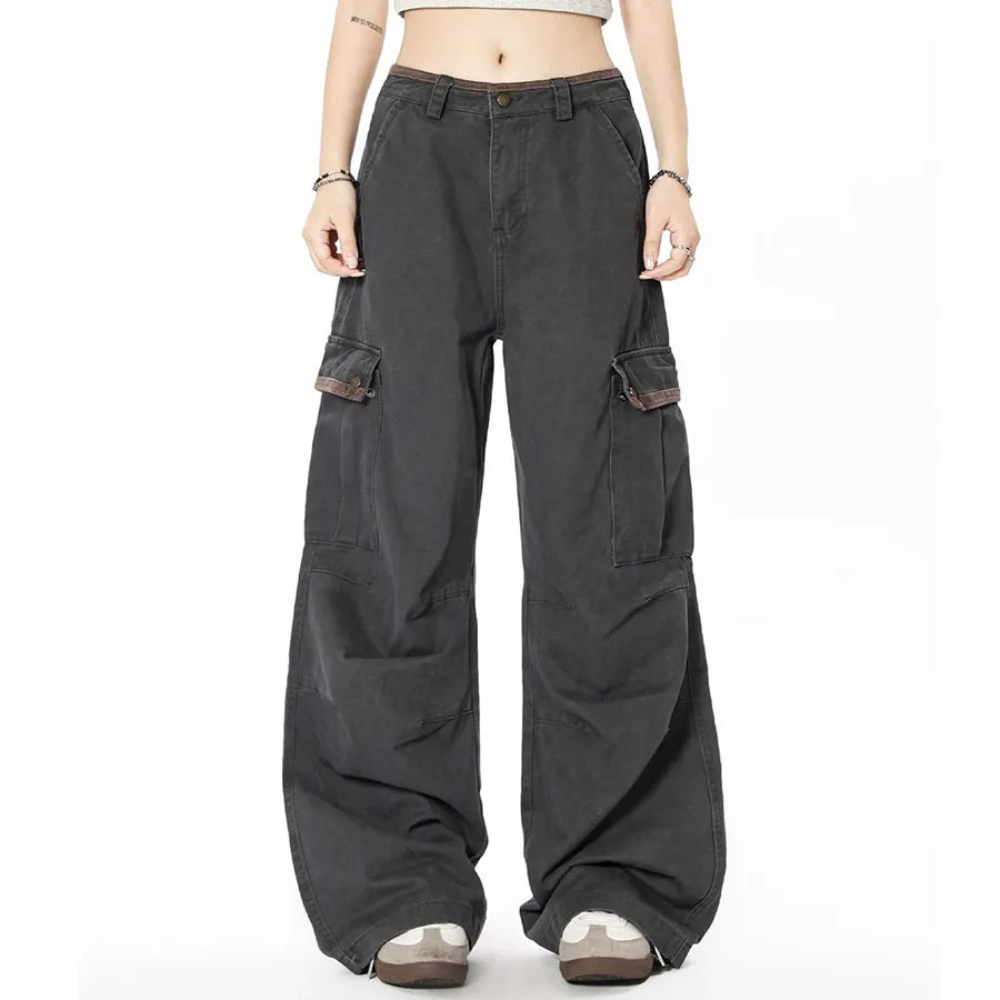 Custom Women's Wide Leg Cargo Pants Spring Casual Loose Fit High Waist Drawstring Closure 6 Pockets