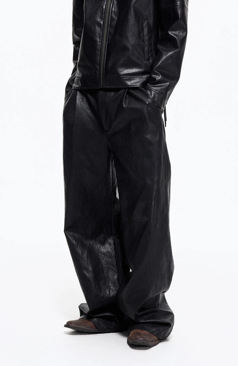 Customize Pleated Straight Leg Faux Leather Trousers Pants for Men Faux Leather Pant Manufacturer