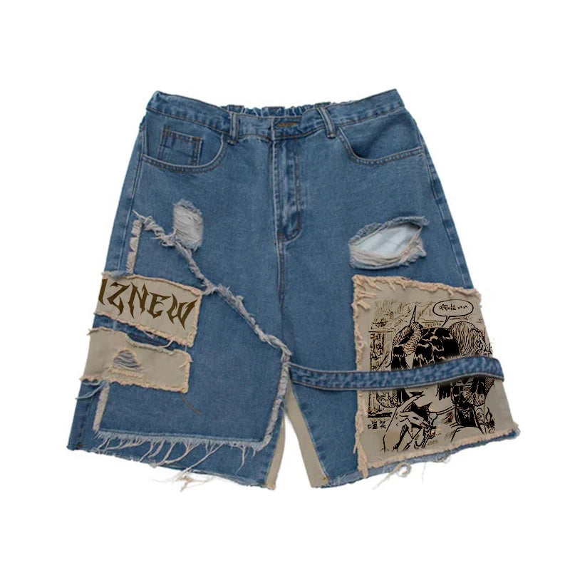 Custom Design Printed Lace Men's Stonewashed Blue Loose Mid Waist Straight Denim Jorts Breathable Eco-Friendly Soft Casual