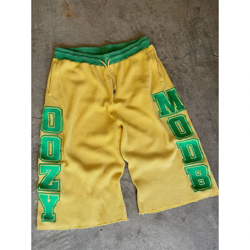 Custom Men's Summer Waffle Knitted Long Baggy Shorts for Men Embroidery 3/4 Sweat Shorts