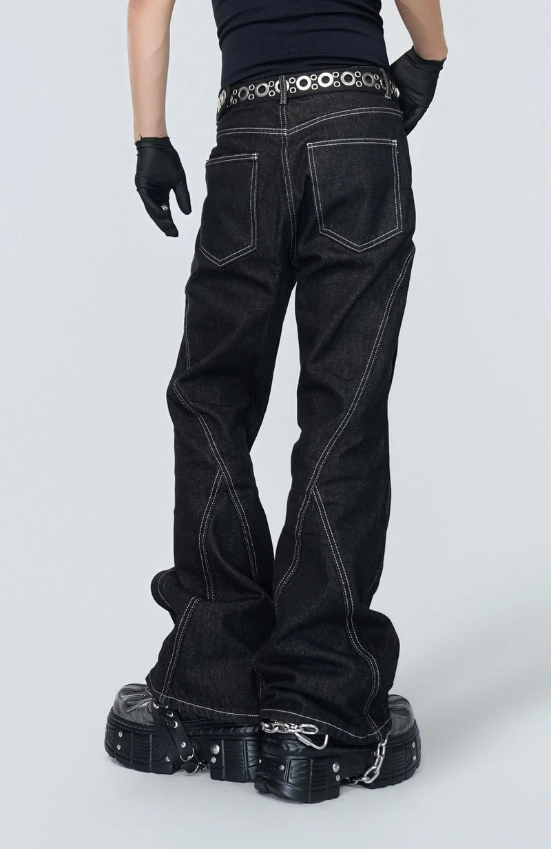 Custom Raw Denim Button Panel Flared Jeans for Men Stacked Flare Jeans