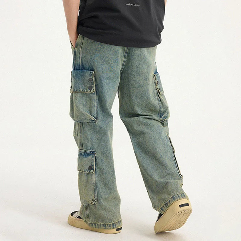 Custom Men's Vintage Casual Cargo Denim Jeans Men Mid Waist Light Wash Jeans with Side Pockets