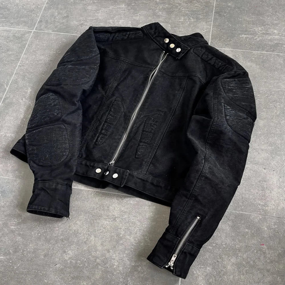 Custom 3D Padding Zip up Biker Jacket Men Black Biker Denim Jacket for Men