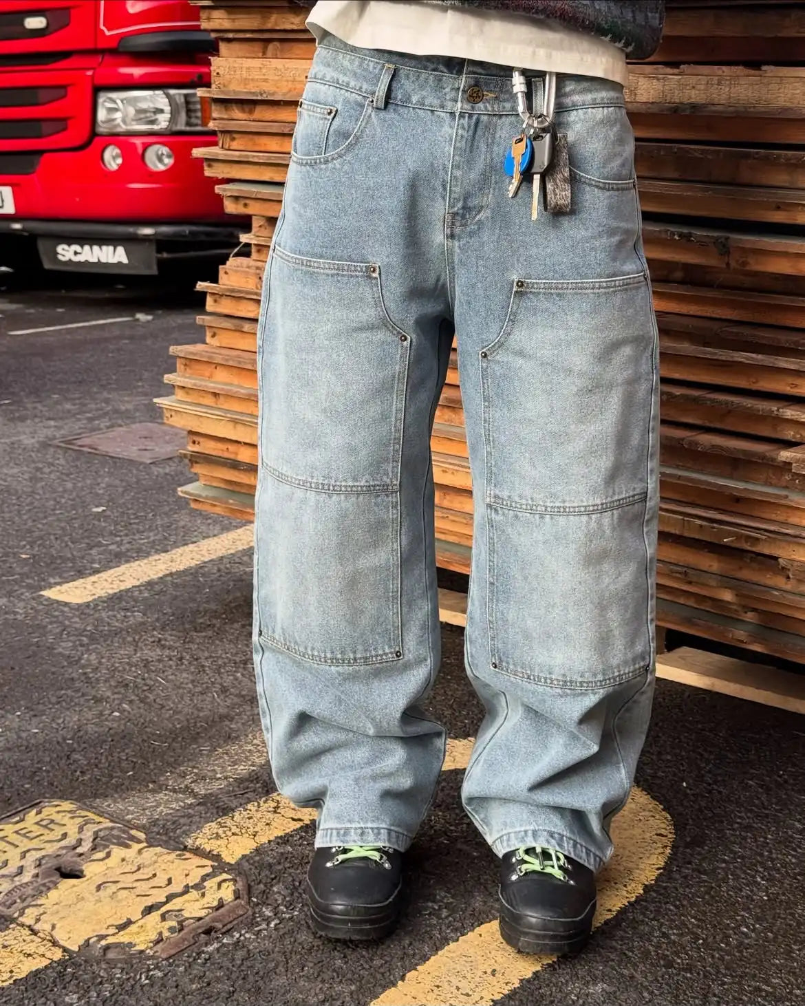 Custom Double Knee Baggy Jeans Pants Men's Denim Jeans Pants for Men Carpenter Jeans
