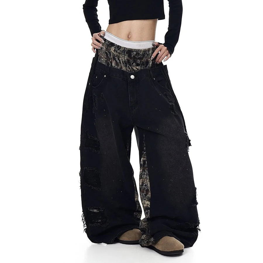 Custom Plus Size Women's Double Layer Waist Baggy Denim Jeans Ripped Wide Leg Jeans for Ladies