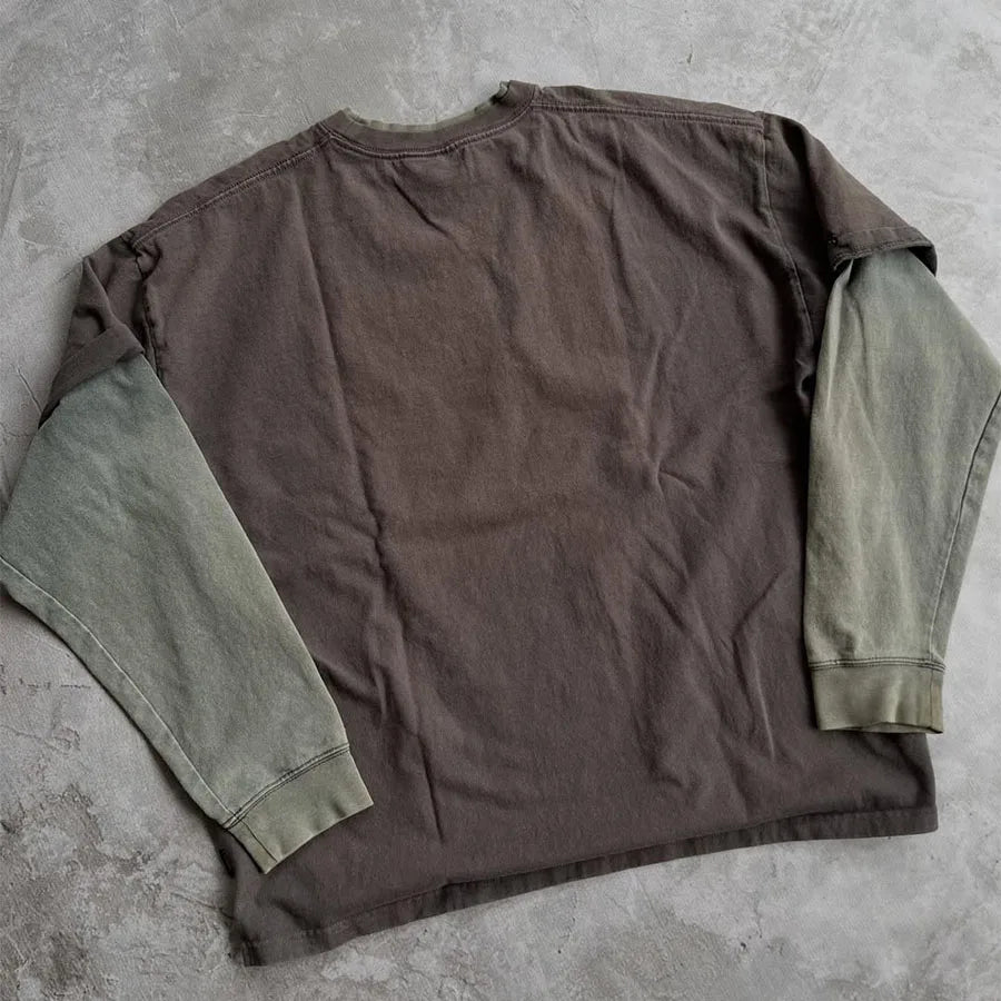 Custom Men's Long-sleeve Shirts Vintage Double Layer Longsleeve Shirt Heavyweight Vintage Wash Full Sleeve t Shirt Manufacturer