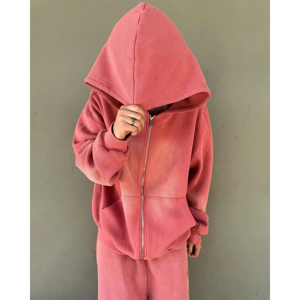 Custom Waffle Knit Zip up 450 Gsm Oversized Hoodie for Men Zipup Waffle Hoodie