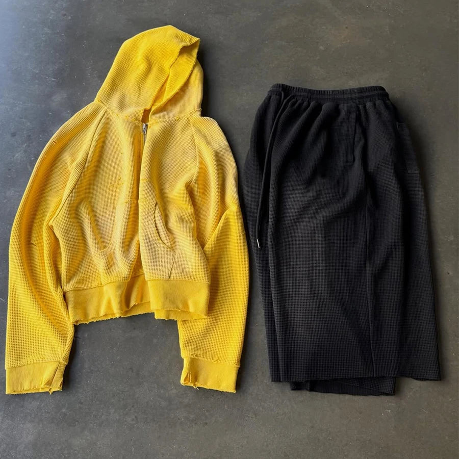 Custom Men's Summer Waffle Knit 2 Piece Hoodie and Shorts Set for Men Streetwear Tracksuits Shorts Sets