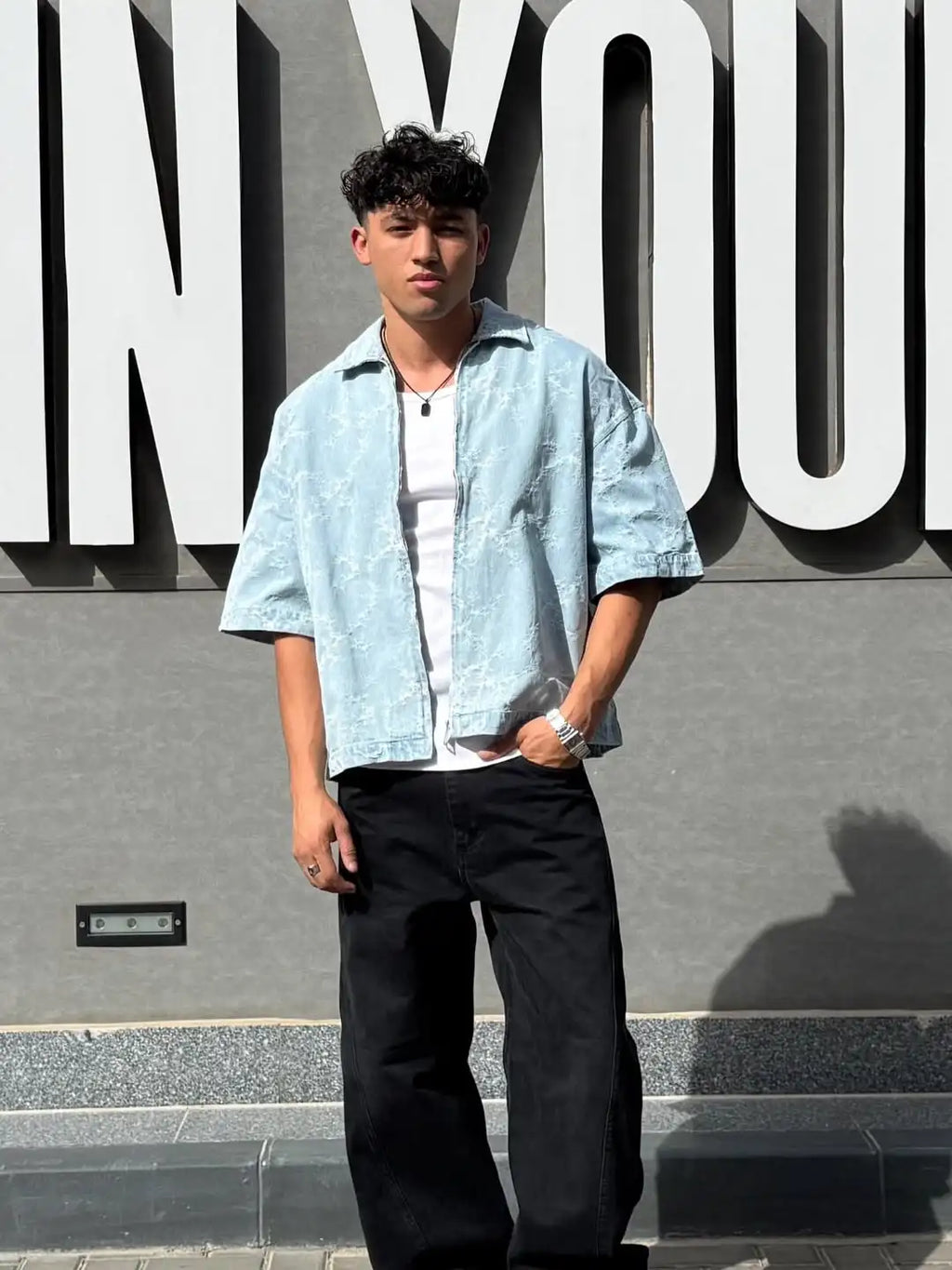 Custom Mens Boxy Fit Denim Shirt Streetwear Short Sleeve Zip up Denim Shirt for Men Denim Style Shirt