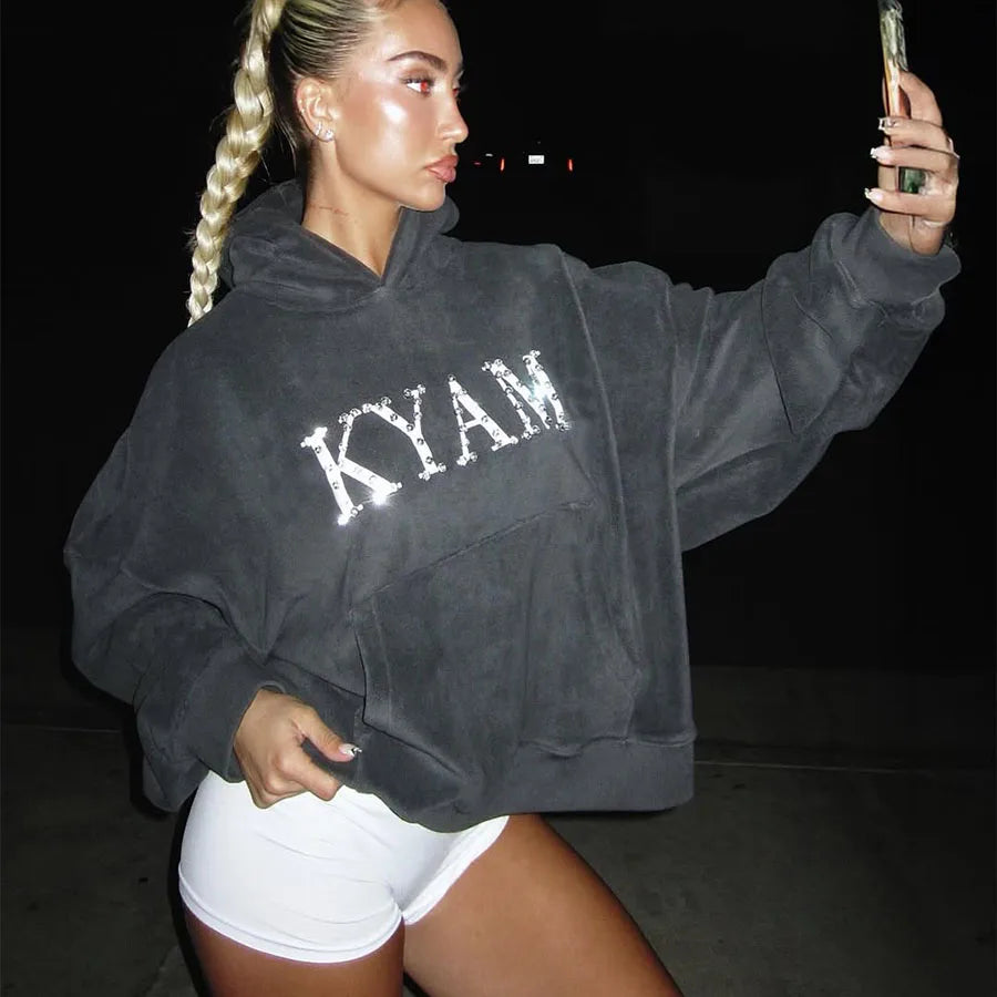 Custom Heavyweight Cropped Hoodie Woman Oversized Crop Hoodies for Women Rhinestone Hoodie
