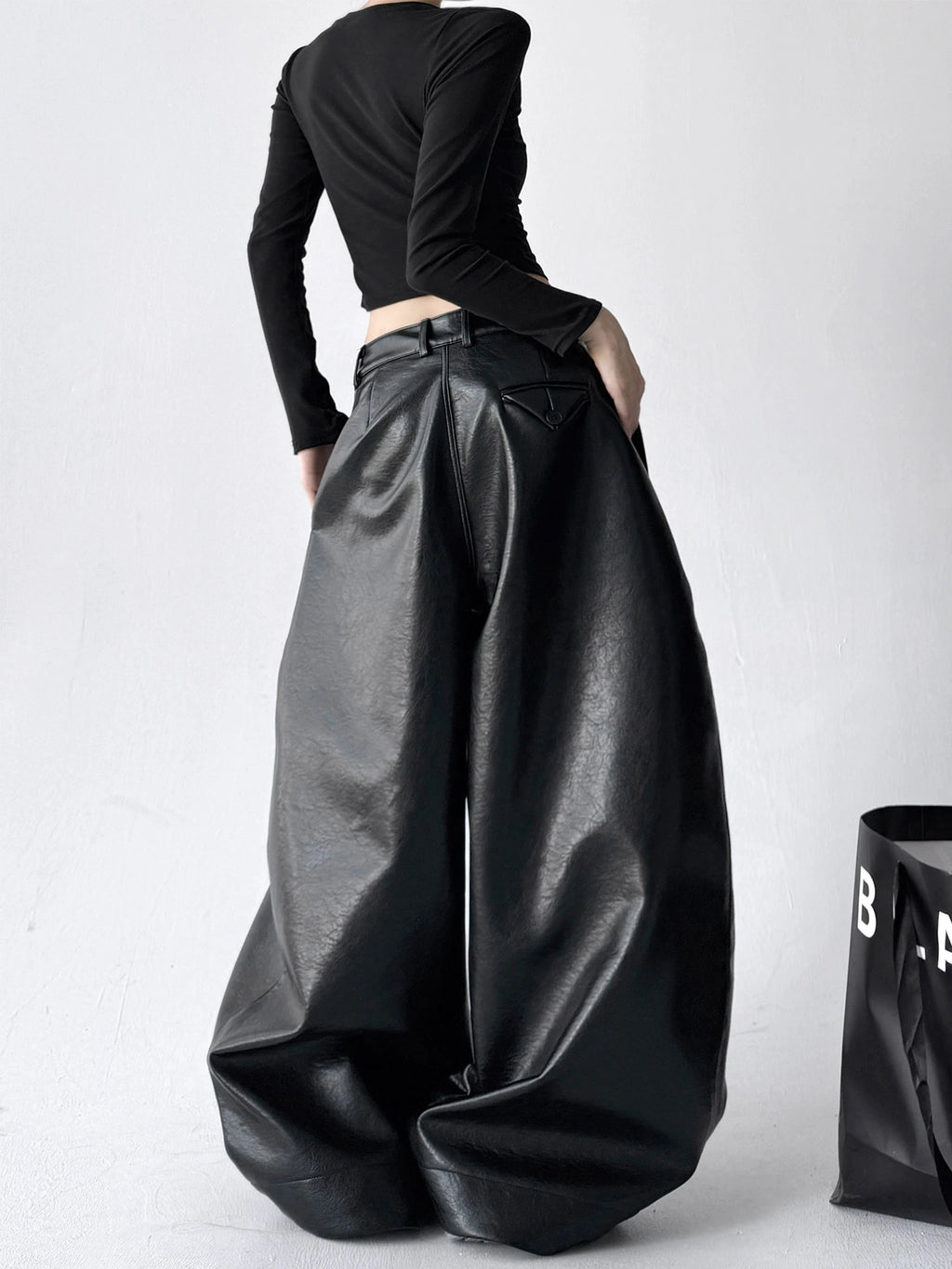Custom Ladies Casual Wide Leg Leather Pants for Women Black Pu Leather Pants Trouser