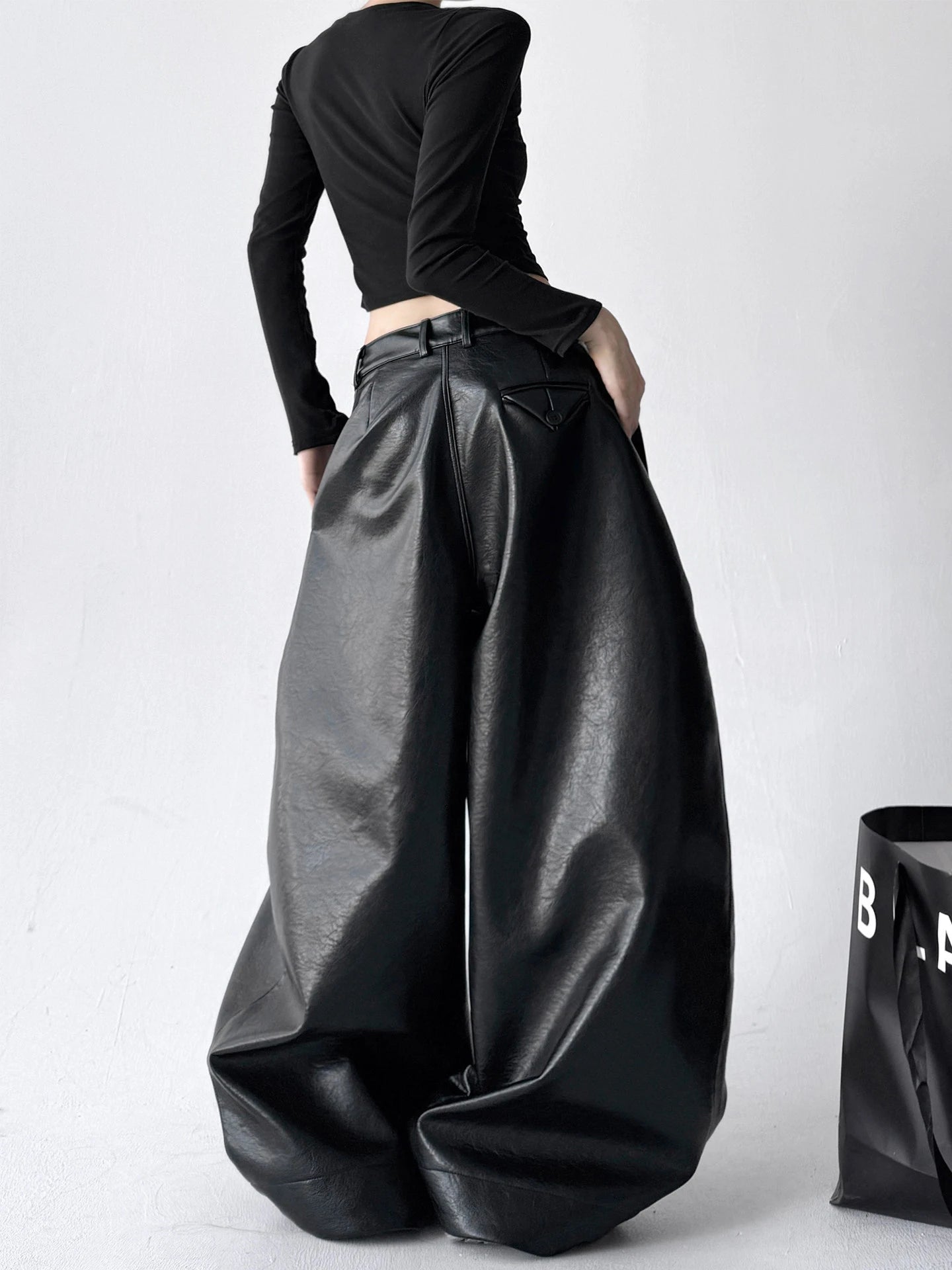 Custom Ladies Casual Wide Leg Leather Pants for Women Black Pu Leather Pants Trouser