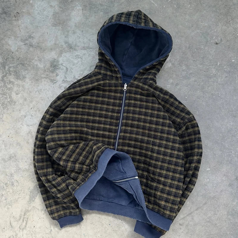 Customised  Plaid Zip up Hoodie for Men Reversible Plaid Hoodie High Quality Heavyweight Hoodie