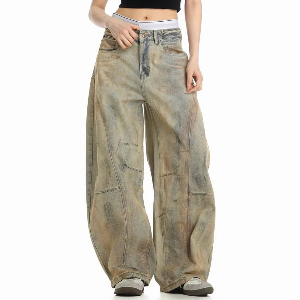 Custom Women's Barrel Jeans Dirty Washed Denim Jeans for Women Jeans Pants