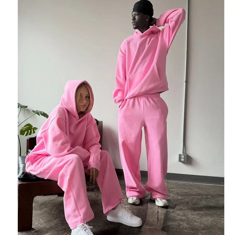 Custom Plain pink Sweat Suit Unisex Stylish Blank Mens Sweatsuits Hoodie and Sweatpants Set