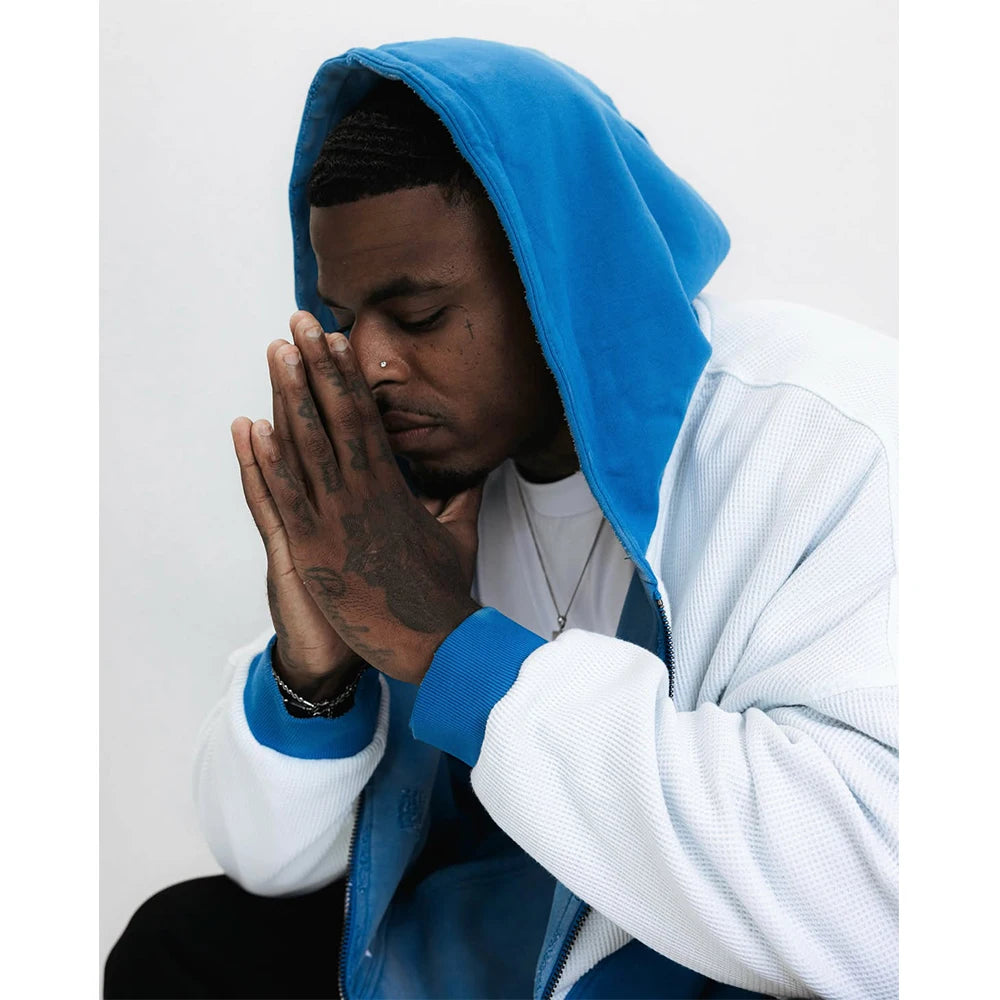 Custom Boxy Zip up Reversible Hoodie for Men Oversize Waffle Knit Lined Hoodie Unisex