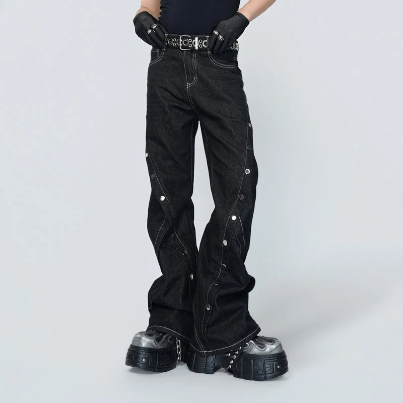Custom Raw Denim Button Panel Flared Jeans for Men Stacked Flare Jeans