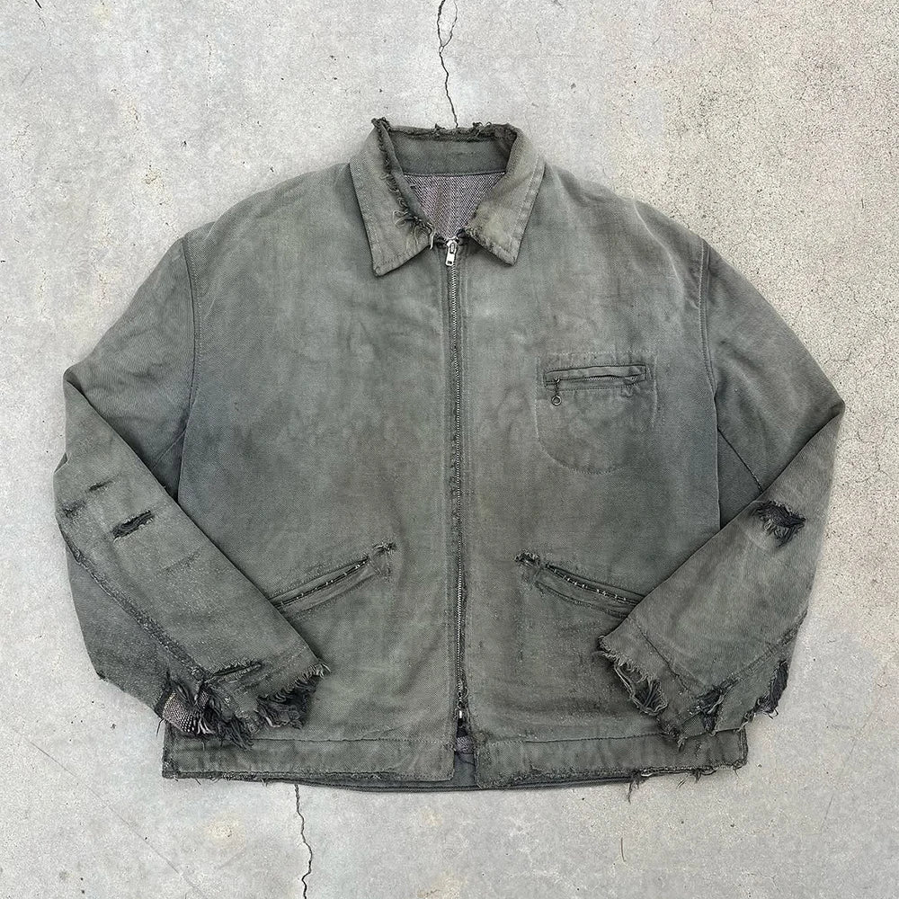 Custom Men's Vintage Workwear Jacket Zip up Distressed Wash Canvas Work Jacket Manufacturer