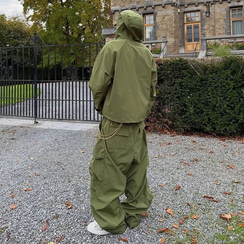 Custom Men's Suit Jacket Set Baggy Zip up Jacket and Cargo Pants Set Windproof Winderbreak Jacket Set
