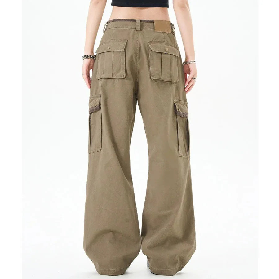 Custom Women's Wide Leg Cargo Pants Spring Casual Loose Fit High Waist Drawstring Closure 6 Pockets