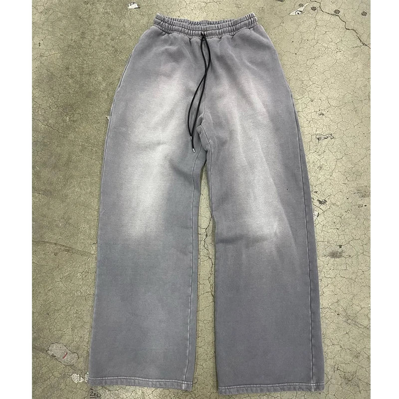 Custom Grey Vintage Wash Casual Heavyweight Drawstring Closure Mid Waist Oversized Cotton Uncuffed Sweatpants for Men