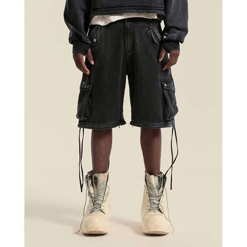 Custom Baggy Casual Heavyweight Denim Light Wash Mid Waist Knitted Cargo Pants for Men with Side Pockets Spring Polyester/Cotton