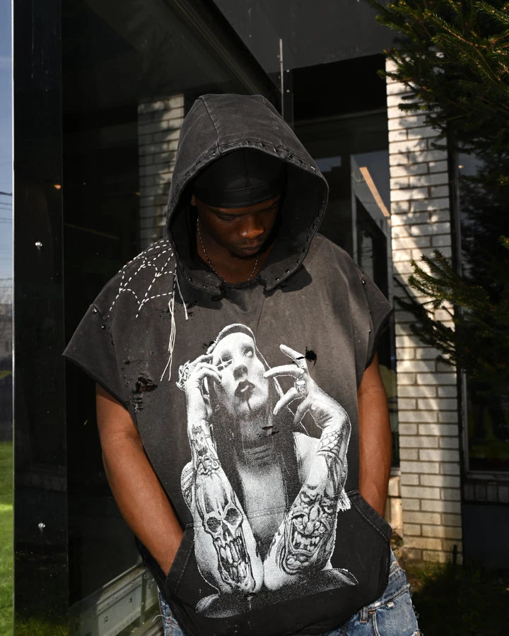 Custom Streetwear Printed Sleeveless Hoodie Shirt for Men Street Wear Vintage Ripped t Shirt