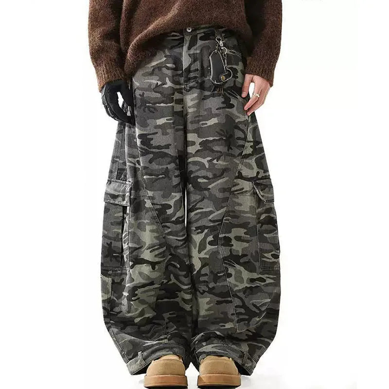 Manufacturer Custom Streetwear Vintage Oversized Loose Wide Leg Baggy Trousers Camo Cargo Pants Men
