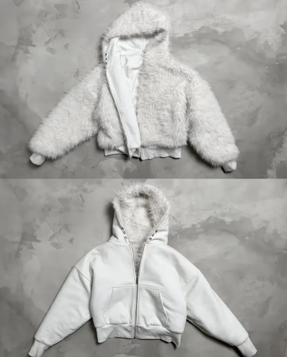 Custom Winter Zip up Fur Lining Hoodie Unisex Thick White Faux Fur Hoodie Plain Clothing