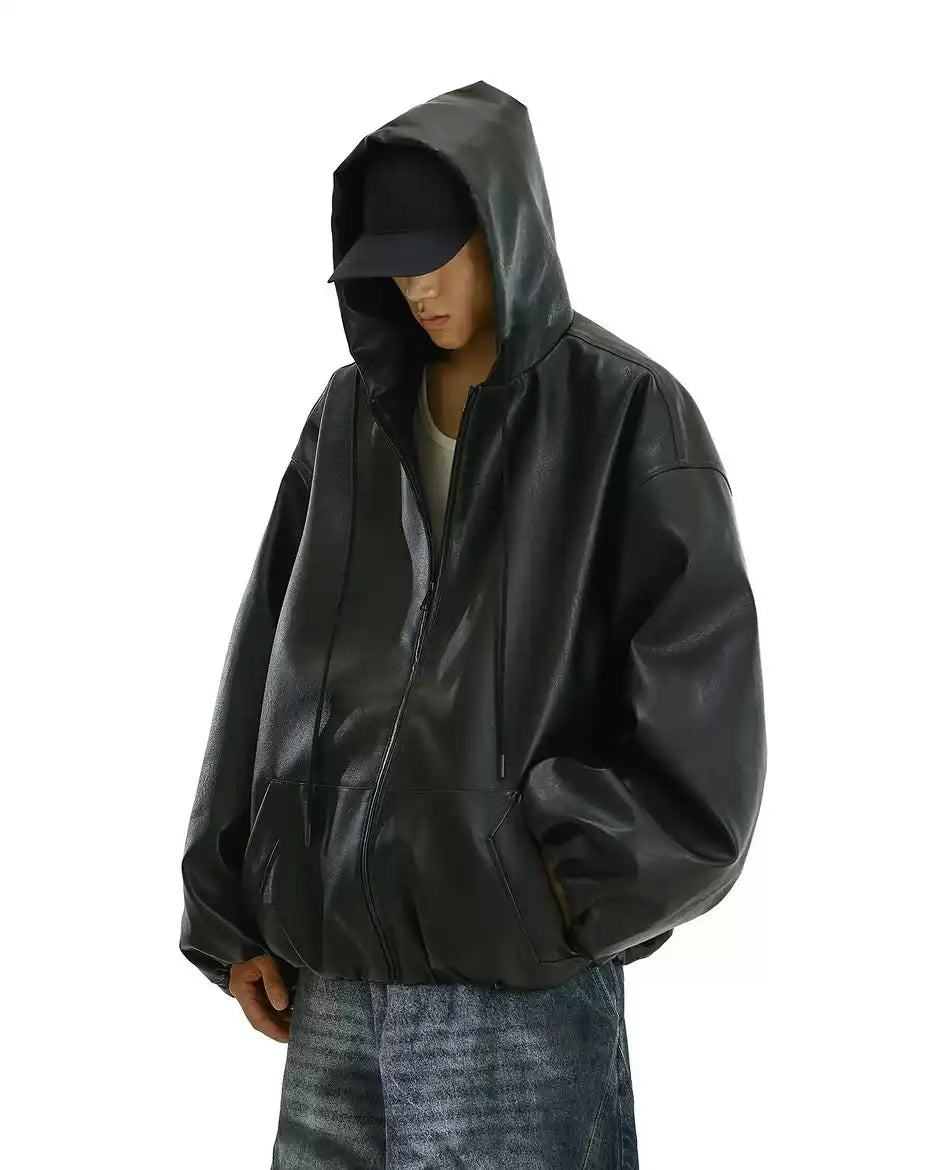 Custom Pu Hooded Leather Jacket for Men Oversize Zip up Hoodie Jacket