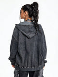 Custom Oversized Distressed Sweatshirt Drawstring Hoodies Denim Hoodie Hooded Zip up Acid Washed Hoodie for Women