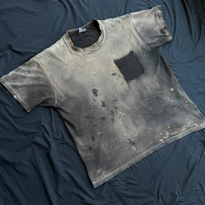 Custom Acid Wash Embroidered Vintage Letter Print 100% Cotton O-Neck Knitted T-shirt for Men 220 Grams Loose Fit Street Style