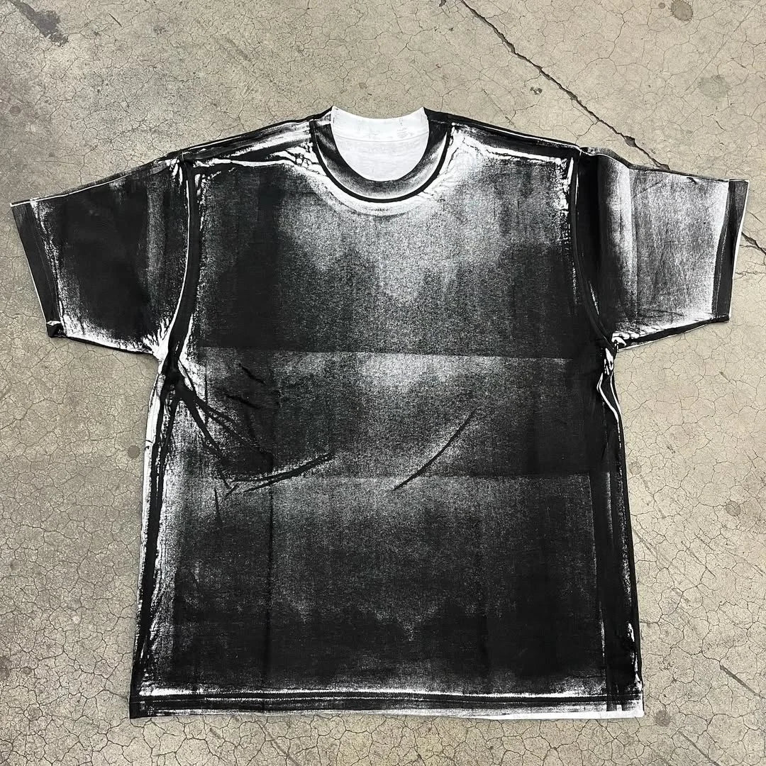 Men's Loose Short Sleeve T - Shirt with Artistic Black Ink Painting Design 280 Gsm Tshirt