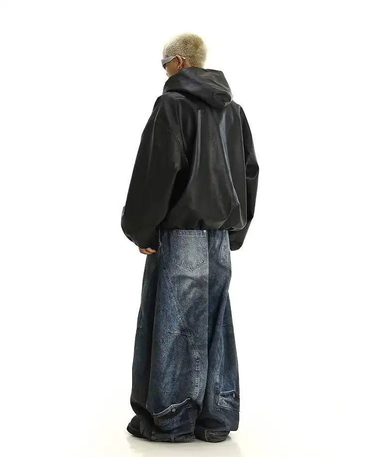 Custom Pu Hooded Leather Jacket for Men Oversize Zip up Hoodie Jacket