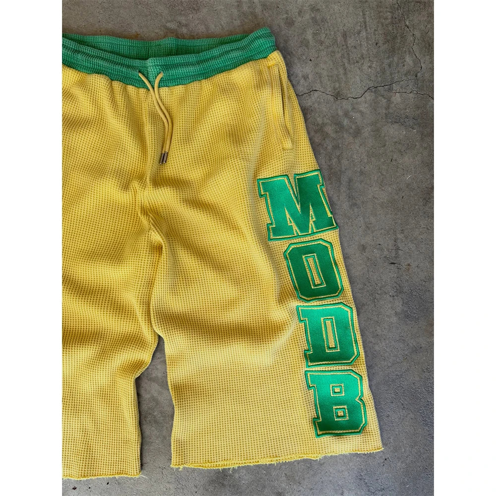 Custom Men's Summer Waffle Knitted Long Baggy Shorts for Men Embroidery 3/4 Sweat Shorts