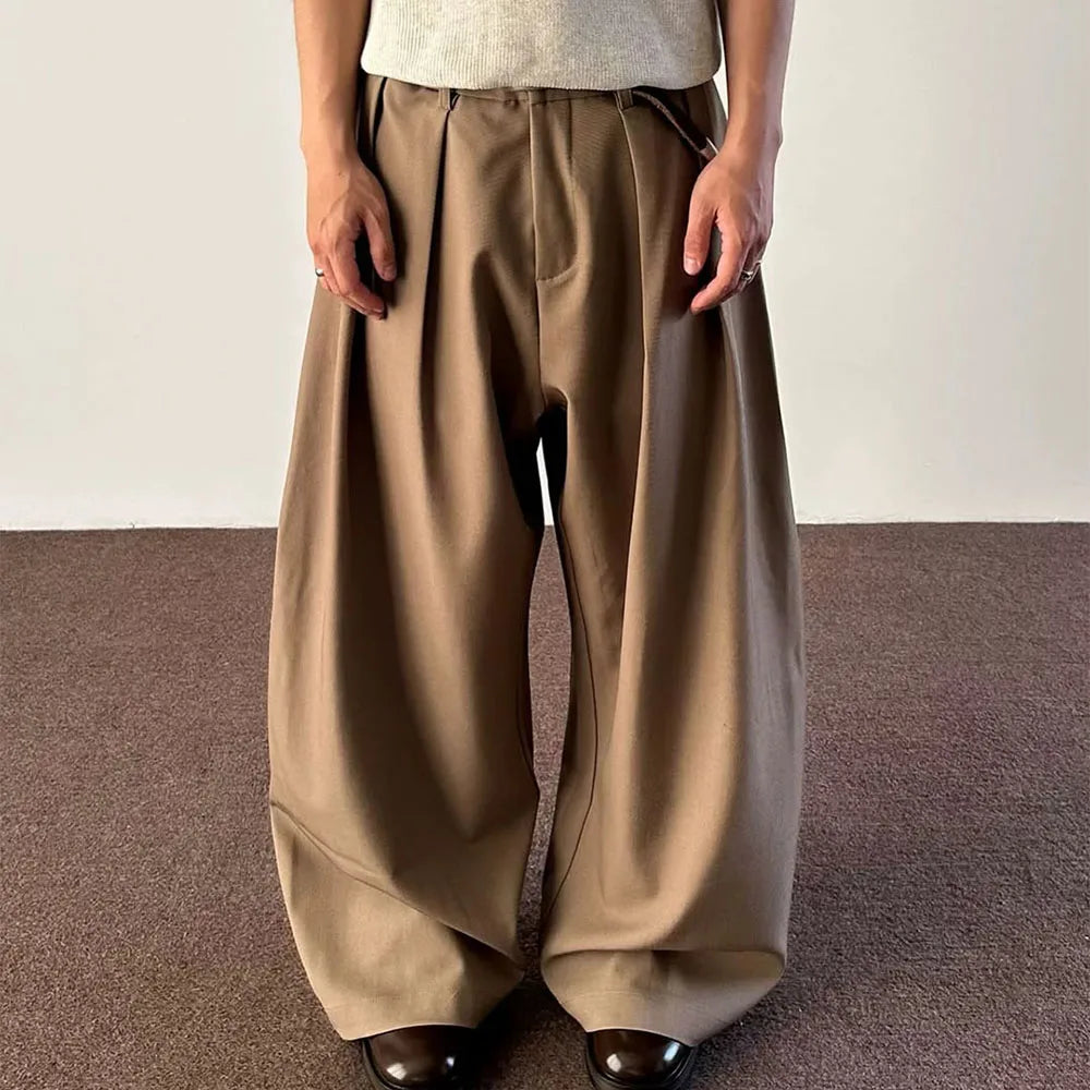 Custom Lightweight Casual Men's Khaki Wide Leg Mid Waist Pleated Pants For Men Korean Pants