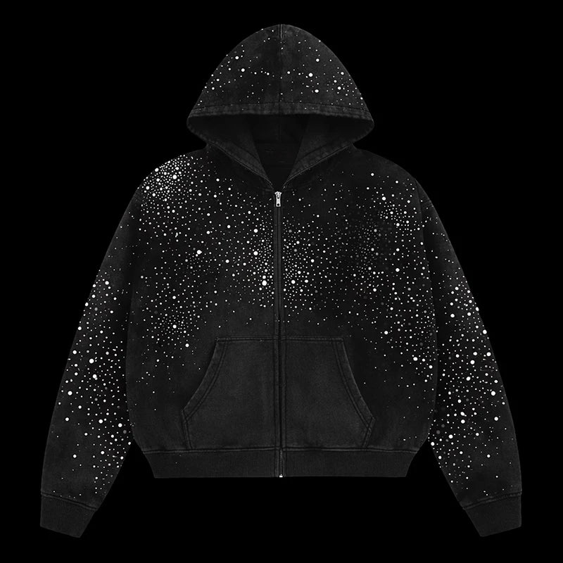 Custom Rhinestone Zip up Hoodie Unisex Zipper Rhinestone Hoodie Manufacturer