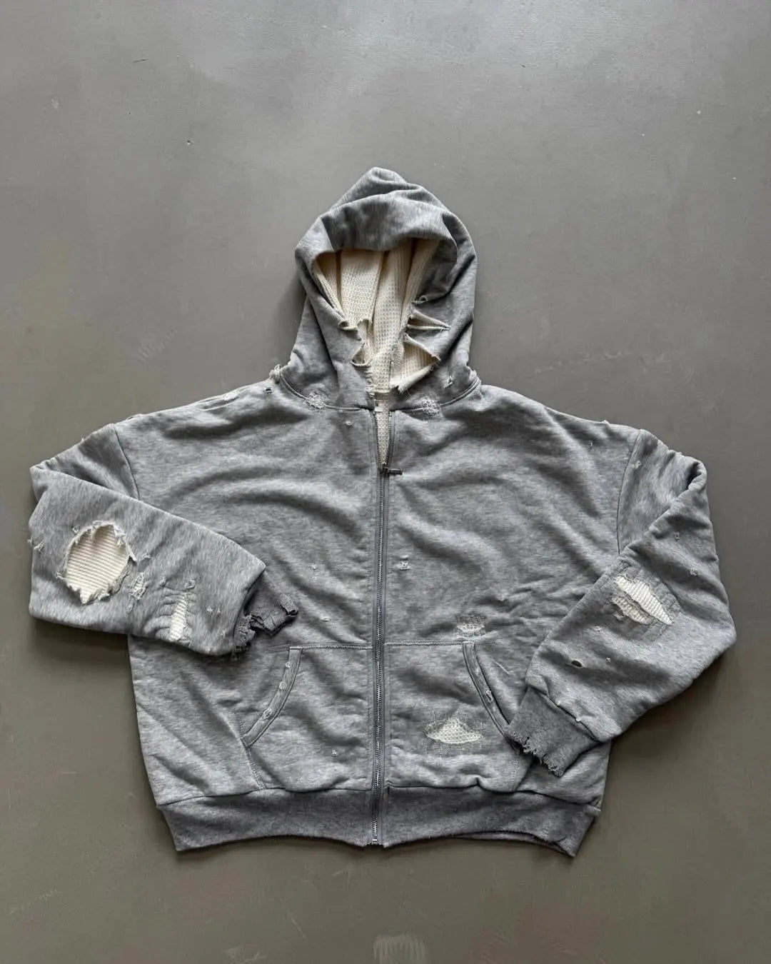 Custom Zip Up Waffle Knit Lined Hoodie Men Boxy Fit Distressed Hoodie with Waffle Lining
