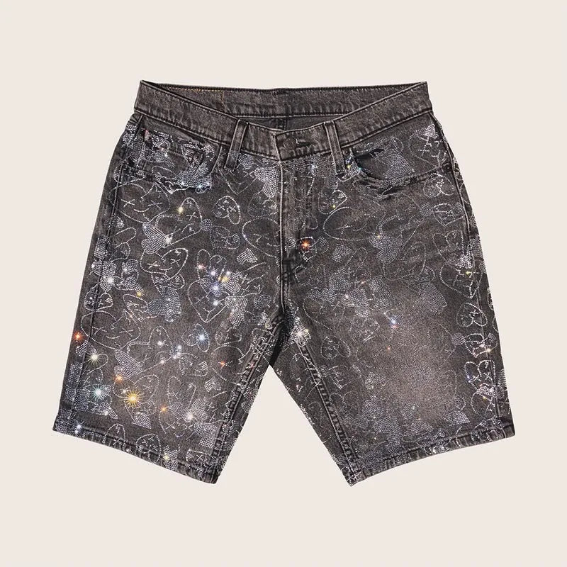 Custom Mens Fashion Rhinestone Denim Shorts for Men Designer Printed Jeans Shorts