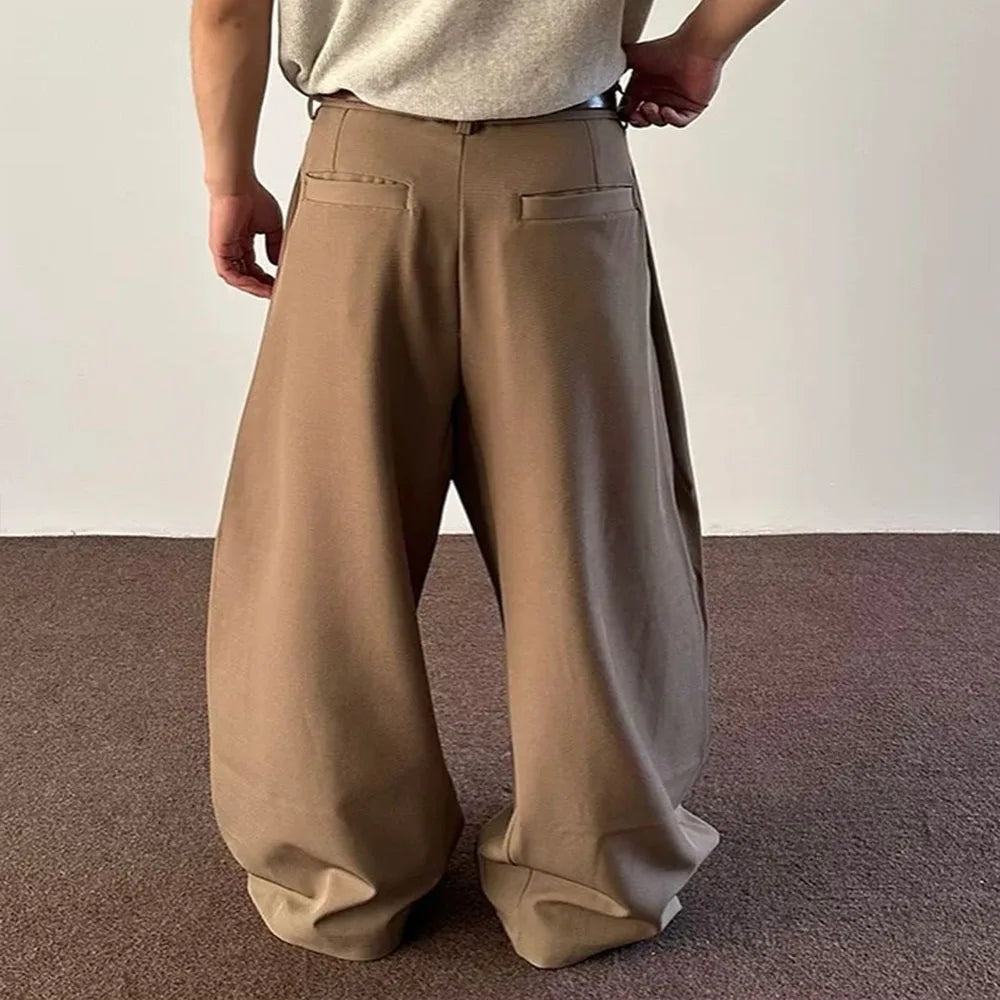 Custom Lightweight Casual Men's Khaki Wide Leg Mid Waist Pleated Pants For Men Korean Pants