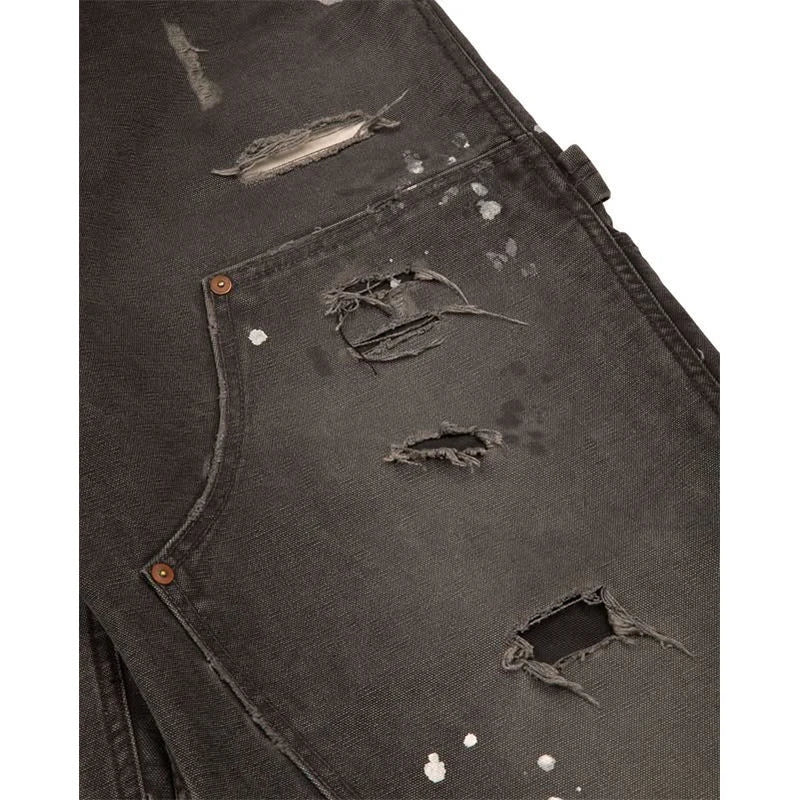 Custom Vintage Straight Mid Waist Work Trousers Distressed Double Knee Carpenter Pants Men's Casual