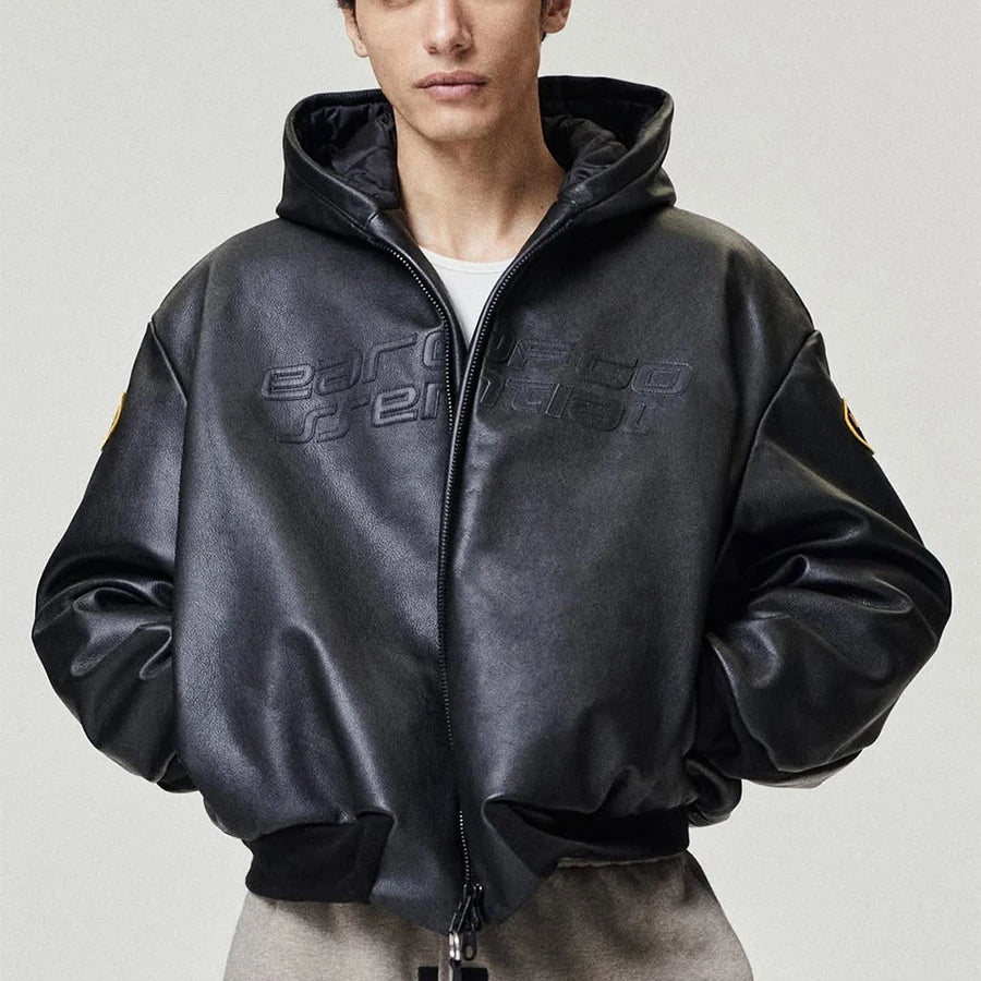 Custom Leather Jacket Men's Casual Zip up Bomber Jacket Men Boxy Hooded Leather Jacket High Quality