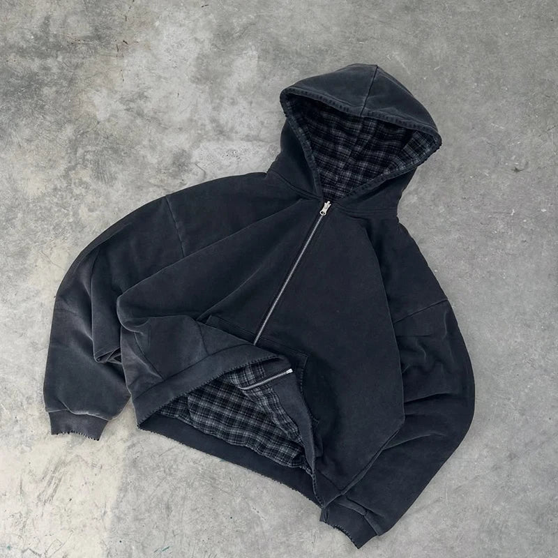 Customised  Plaid Zip up Hoodie for Men Reversible Plaid Hoodie High Quality Heavyweight Hoodie