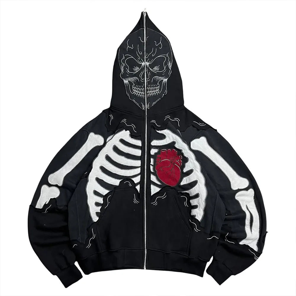 Custom Designer Y2k Hoodie 600 Gsm Skeleton Embroidered Full Zip up Hoodie for Men
