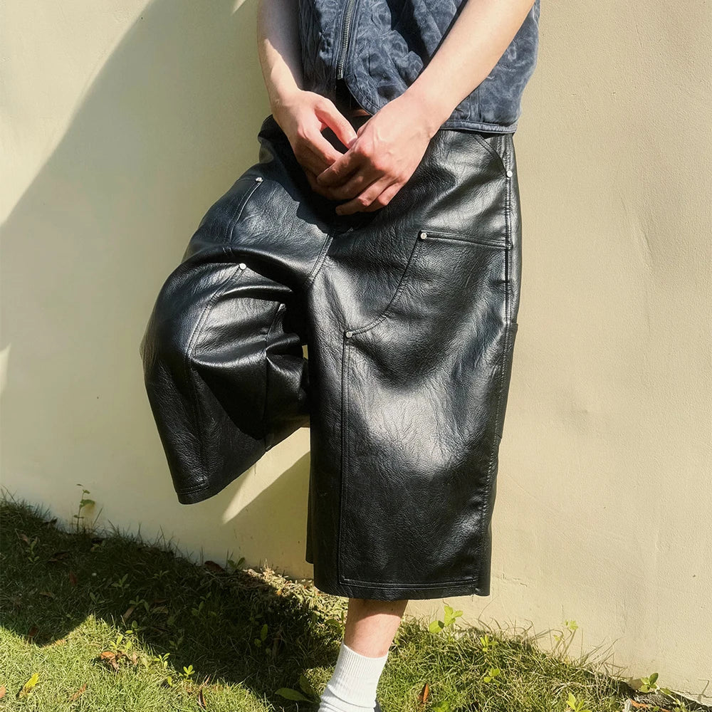 Custom Men's PU Leather Shorts for Men Carpenter Bermuda Leather Shorts 3/4 Quarter Shorts Manufacturer