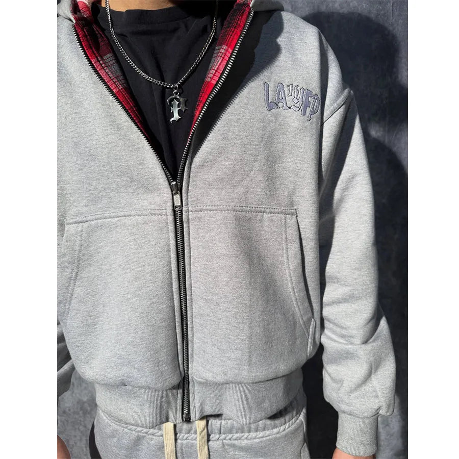 Custom Zipper Plaid Tracksuit for Men Double Waist Sweatpants and Hoodie Set