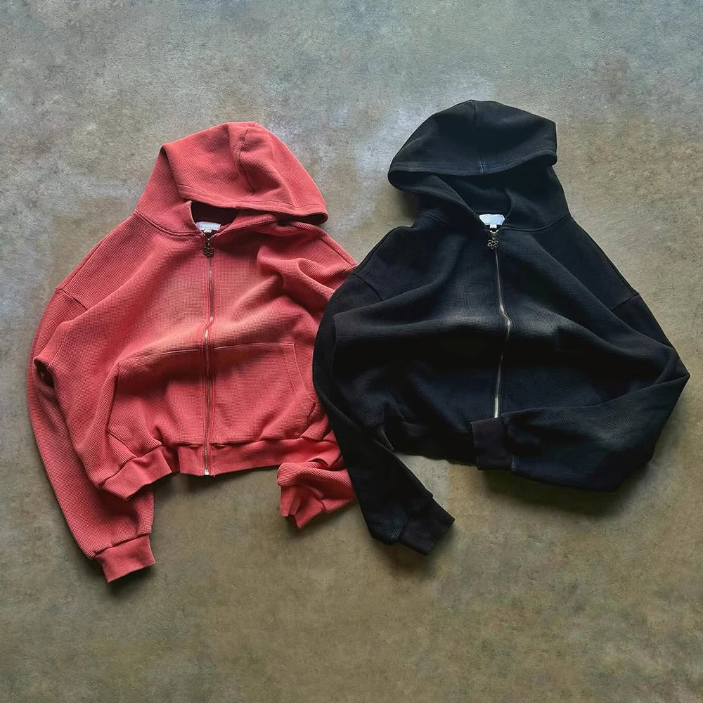 Custom Waffle Knit Zip up 450 Gsm Oversized Hoodie for Men Zipup Waffle Hoodie