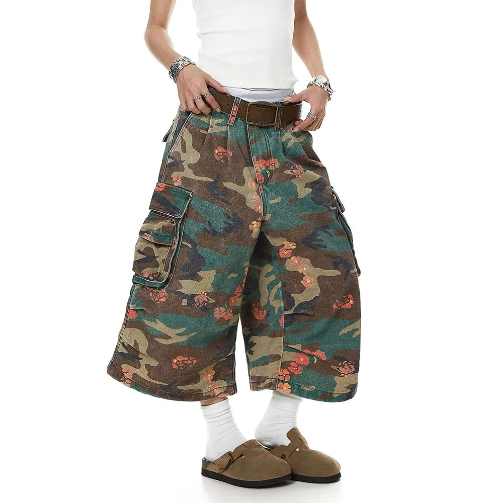 Custom Women Camo 3/4 Baggy Denim Shorts Streetwear Ladies Long Cargo Denim Shorts