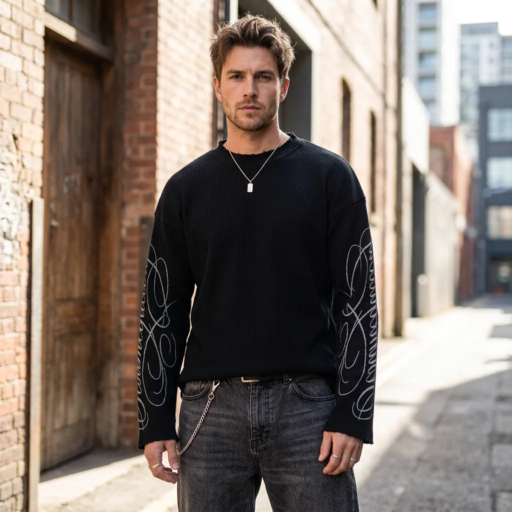 Custom Waffle Knit Long Sleeve Top Streetwear 200 Gsm Cotton Long Sleeve t Shirt for Men Boxy Thermal Shirt Long Sleeve