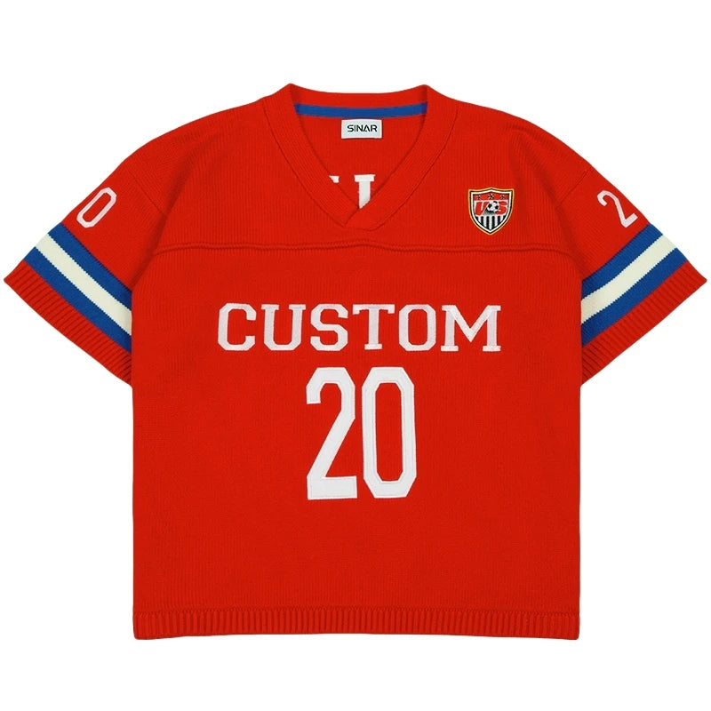 Custom LOGO Men Sweater Design Pullover Short Sleeve Football Jumper Summer V Neck Knitwear Casual Sweater Knitted Jerseys Men